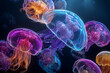 © Farhan - Vibrant jellyfish dance in the deep ocean, a stunning aquatic ballet of colorful bioluminescence, creating a mesmerizing dreamscape for ocean life exploration