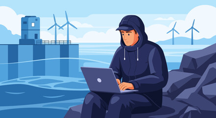 Modern nomad working remotely by the sea utilizing sustainable energy sources