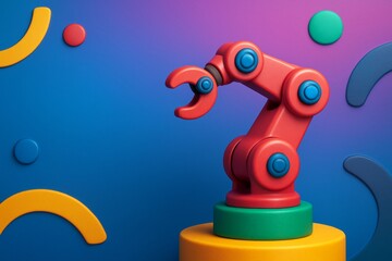 Wall Mural - Colorful robotic arm toy with blue joints on abstract geometric background showing playful technology concept in vibrant lighting setup. Ai generative