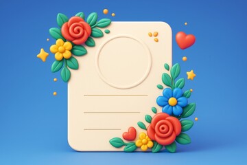 Wall Mural - Colorful floral-themed mockup template with blank card layout for creative design and branding presentation on blue background. Ai generative