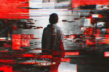 hacker style holographic display with pixel distortion and chaotic futuristic cyberpunk digital energy