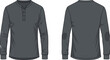 © Anu's World - Dark Gray Long Sleeve Henley Shirt with Elbow Patches Front and Back View Vector for Fashion Design, Apparel, and Clothing Retail