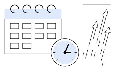 Wall Mural - Calendar with spiral binding, clock indicating time, and arrows pointing upward symbolizing growth, productivity, and planning. Ideal for business, scheduling, success, development efficiency