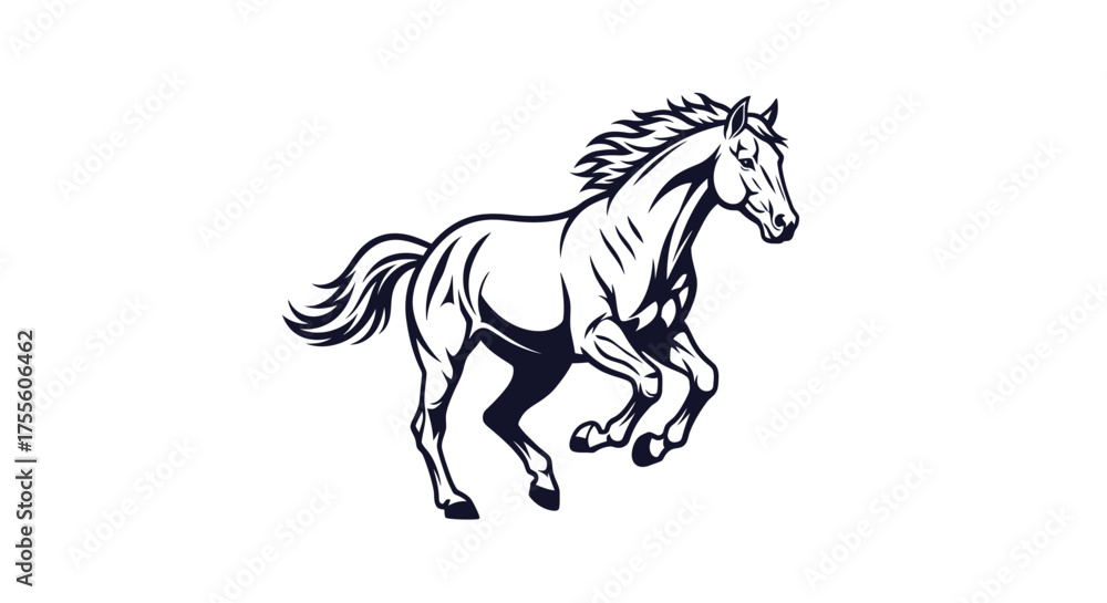 A black and white illustration of a horse running on a white background ...