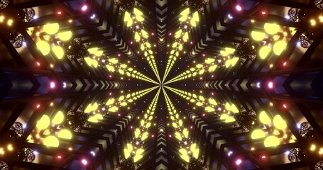 Wall Mural - Colorful lights and geometric patterns form a seamless tunnel that pulses and flows, creating a captivating visual experience. Ideal for a dynamic screensaver or video backdrop.