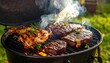 © iskandar - Juicy meat grilling on a round charcoal grill outside with green grass in the background, smoke rising upwards