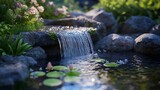 A serene waterfall cascades over mossy rocks into a tranquil pond, surrounded by lush greenery and vibrant flowers in a peaceful garden setting