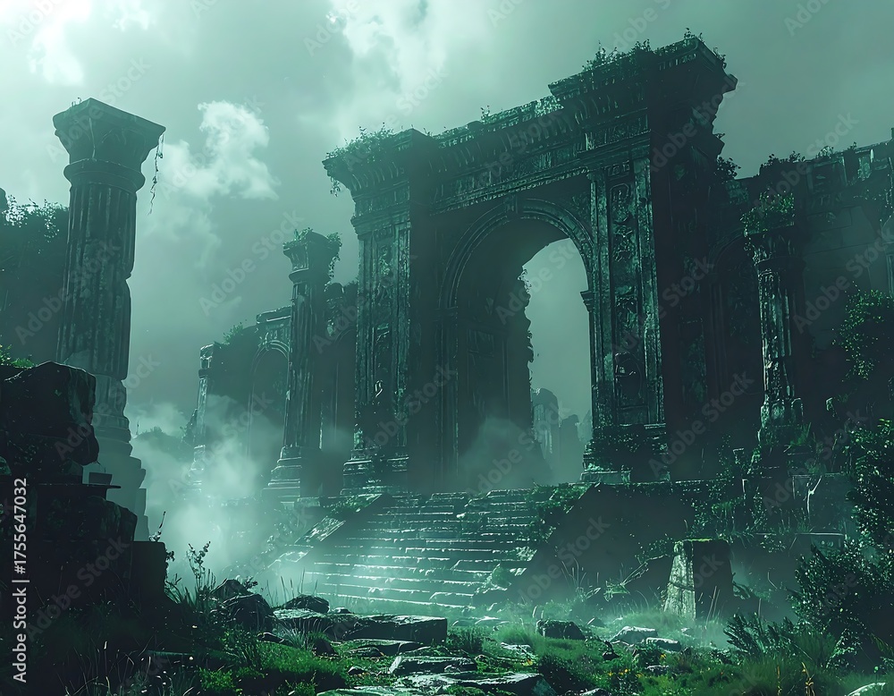 Stone ruins with columns and arches lead up steps amidst lush greenery ...