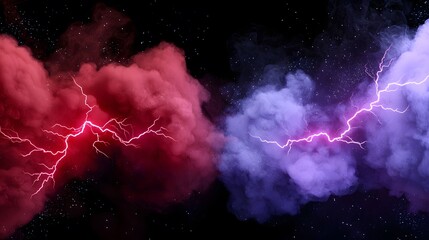 Wall Mural - The image showcases a dynamic scene with contrasting red and purple nebulae against a backdrop of stars, punctuated by vibrant strikes of lightning cutting across the cosmic clouds.