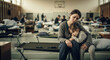 © Olesya - Depressed woman hugging child during evacuation. Refugee family sitting on cot at temporary shelter. Humanitarian aid, disaster relief concept.