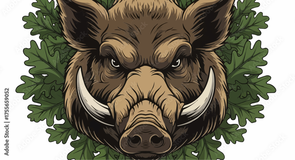 Aggressive boar head illustration detailed vector art with oak leaves ...