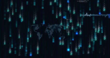 Wall Mural - Cascading binary digits streaming over interface, map silhouette, glowing pixels, pulse waveform