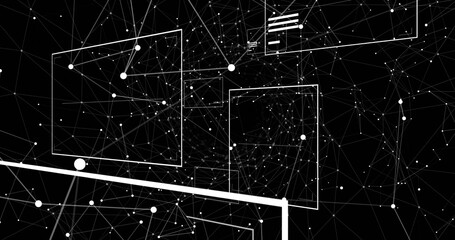 Wall Mural - Floating network of white nodes and lines forming mesh in digital space, with rectangular frames