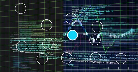 Wall Mural - Displaying colored line graph on screen with neon green grid, code snippets, markers and blue dot
