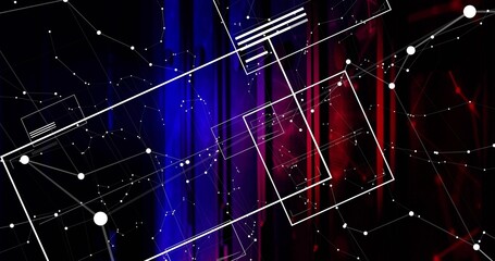 Wall Mural - Displaying digital network on split blue red background, with white frames and nodes