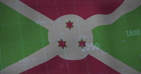 Wall Mural - Displaying Burundi national flag overlaying faint financial gridlines on screen, with data labels