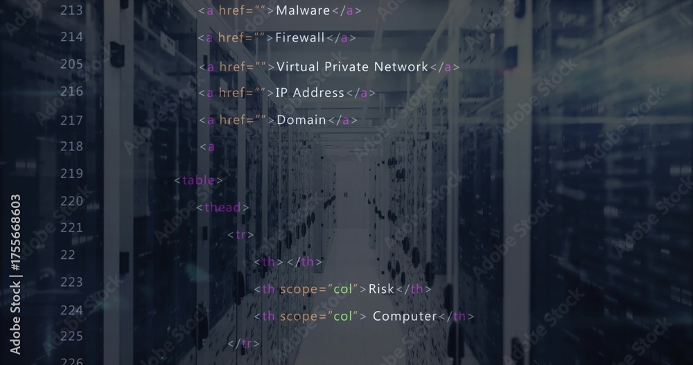 Highlighting aisle between server racks and network cables in data ...