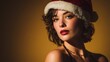 © Tina - Young Caucasian woman with short curly hair wearing a Santa hat. She has red lips and a confident expression against a warm yellow background.