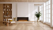 © LEKSTOCK 3D - Spacious modern living room with electric fireplace and large windows, minimalist interior with wooden floor.3D render