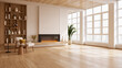 © LEKSTOCK 3D - Spacious modern living room with electric fireplace and large windows, minimalist interior with wooden floor.3D render