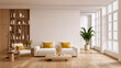 © LEKSTOCK 3D - Minimalist living room scene with large windows, wooden floor, and contemporary furniture. 3D illustration.