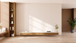 © LEKSTOCK 3D - Minimalist living room with empty beige wall for TV screen mockup and floating cabinet.3d render