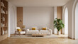 © LEKSTOCK 3D - Bright and cozy Scandinavian interior with a Monstera plant,  with a comfortable sofa, armchair, and elegant arched doorways..3d render