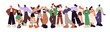 © Paper Trident - Happy people are greeting, hug and talk on banner. Group of diverse men and women standing together. Friends cuddle and communicate. International team. Flat isolated vector illustration on white