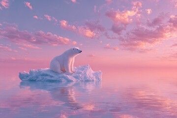  polar bear sitting on tiny melting ice cube under pastel sky, surreal climate concept