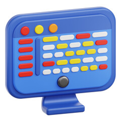 Stylized 3D computer monitor displaying colorful code on a transparent background highlighting digital development and programming concepts in blue and yellow tones