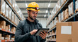© Iuliia - Worker man with tablet near box items working in warehouse. Inventory management and order fulfillment. Technology and efficient logistics operation on work in storage