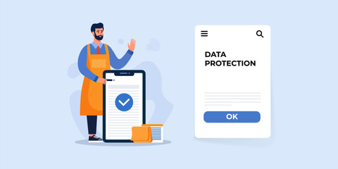 Illustration of man in apron holding a smartphone with a checkmark, next to a screen displaying data protection and an ok button
