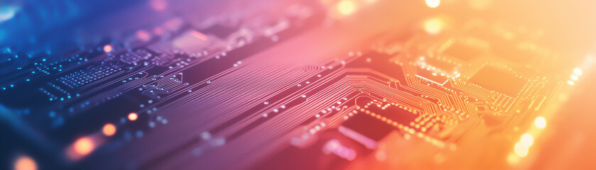 Abstract close-up view of illuminated electronic circuit board with glowing lines and dots, concept of technology, innovation, computing and digital network.