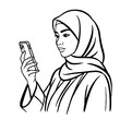 © Bening - Muslim woman wearing hijab, depicted in black and line drawing, is looking at her smartphone while holding it in her hand