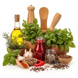 Arrangement of Herbs and Spices with Olive Oil on White Surface