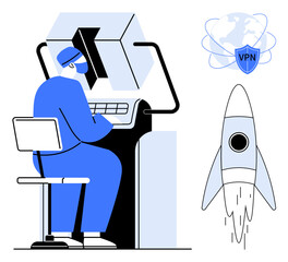 Wall Mural - Professional using advanced computer, symbolizing data protection and safe internet. Ideal for cybersecurity, technology, online privacy, innovation, VPN services, network security, startup growth