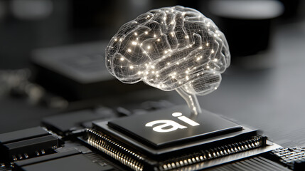 Wall Mural - A glowing blue hologram of the letters AI floating above an electronic chip surrounded by digital data circuitry and a luminous brain symbolizing advanced artificial intelligence and innovation
