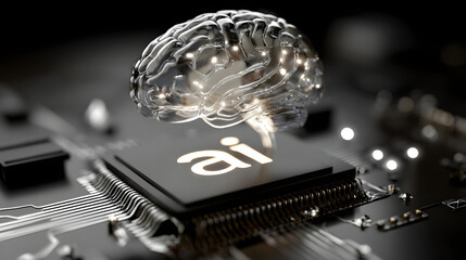 Wall Mural - A glowing blue hologram of the letters AI floating above an electronic chip surrounded by digital data circuitry and a luminous brain symbolizing advanced artificial intelligence and innovation
