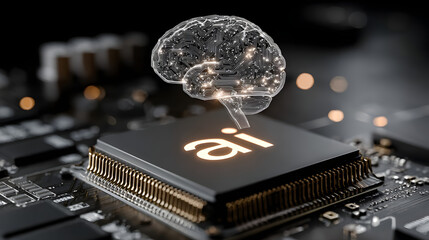 Wall Mural - A glowing blue hologram of the letters AI floating above an electronic chip surrounded by digital data circuitry and a luminous brain symbolizing advanced artificial intelligence and innovation
