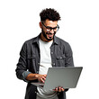 © Andrew505 - Happy young man with glasses using a laptop. Cheerful student or freelancer with curly hair working online isolated on transparent background