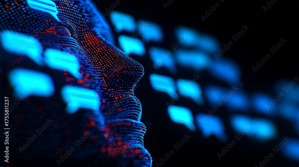 Abstract profile of a human face composed of glowing dots, surrounded ...