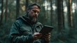 © Attasit - A forest ranger with a tablet, a scene of geolocation traceability and forest monitoring system.