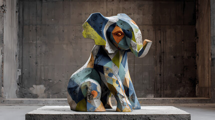 Wall Mural - A colorful artistic elephant sculpture stands on a concrete platform