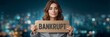 © Luiri Art - A businesswoman in a coat holding a cardboard sign with “BANKRUPT” text against a dark, blurred city background, symbolizing financial crisis, loss, and economic downfall