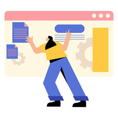Person working on project development displaying data and gears on a light pink and yellow interface with a transparent background and soft lighting