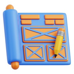 Blue orange wireframe blueprint design with a yellow pencil on a transparent background representing web development and user interface planning
