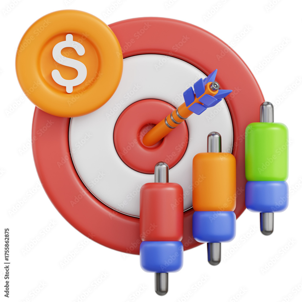 Finance Target Analysis with Dollar Coin Arrow in Bullseye and Stock ...