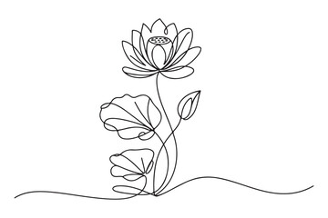 Continuous one line drawing of lotus flower in minimal modern style symbolizing peace, purity and mindfulness on white background
