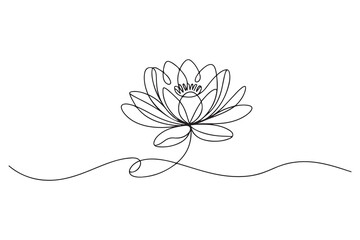 Continuous one line drawing of lotus flower in minimal modern style symbolizing peace, purity and mindfulness on white background
