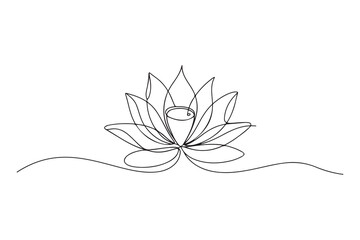 Continuous one line drawing of lotus flower in minimal modern style symbolizing peace, purity and mindfulness on white background
